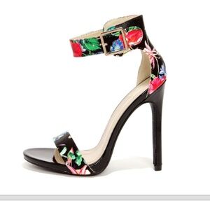 Black Floral Print Ankle Strap Stiletto Heels Open Toe Heels Size 8.5